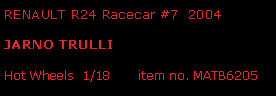 Text Box: RENAULT R24 Racecar #7  2004JARNO TRULLIHot Wheels  1/18       item no. MATB6205